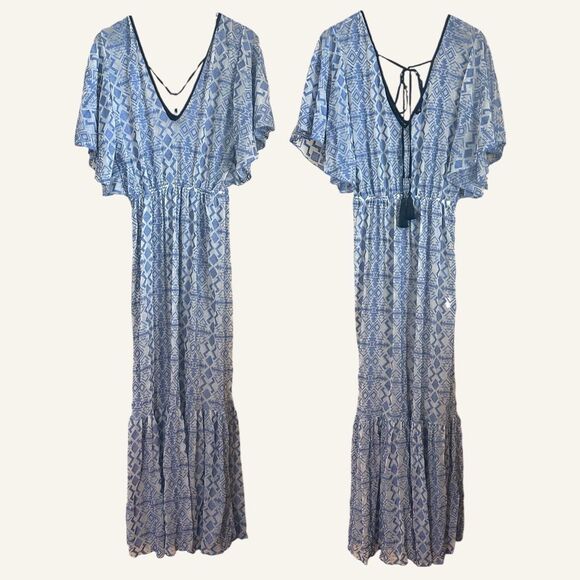 Nidodileda Sheer Jacquard Geometric Print Blue Maxi Dress Sz L Greece Made - Picture 4 of 12